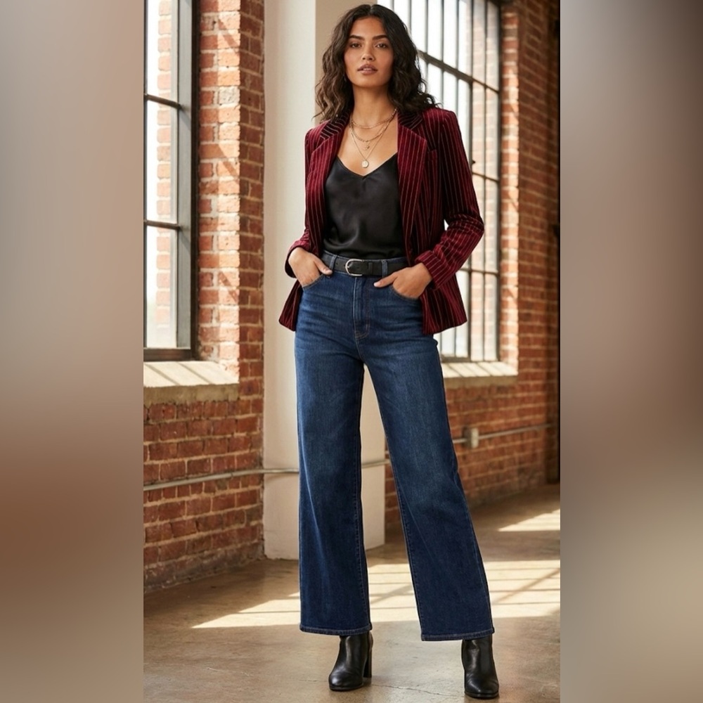 Leith | Open Front Pin Striped Velour Lined Burgundy Red Wine Velvet Blazer